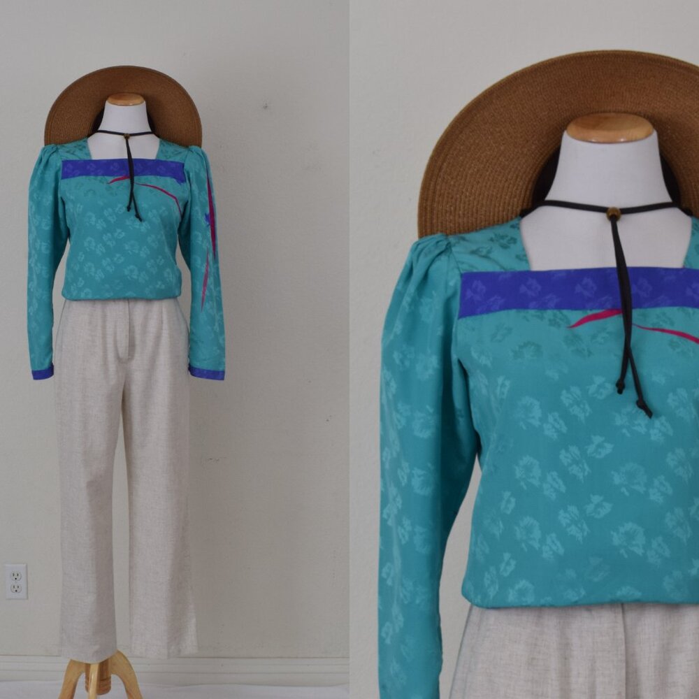 Vintage 80s Polyester Colorful Block Blouse by Flora Kung | size‎ 10